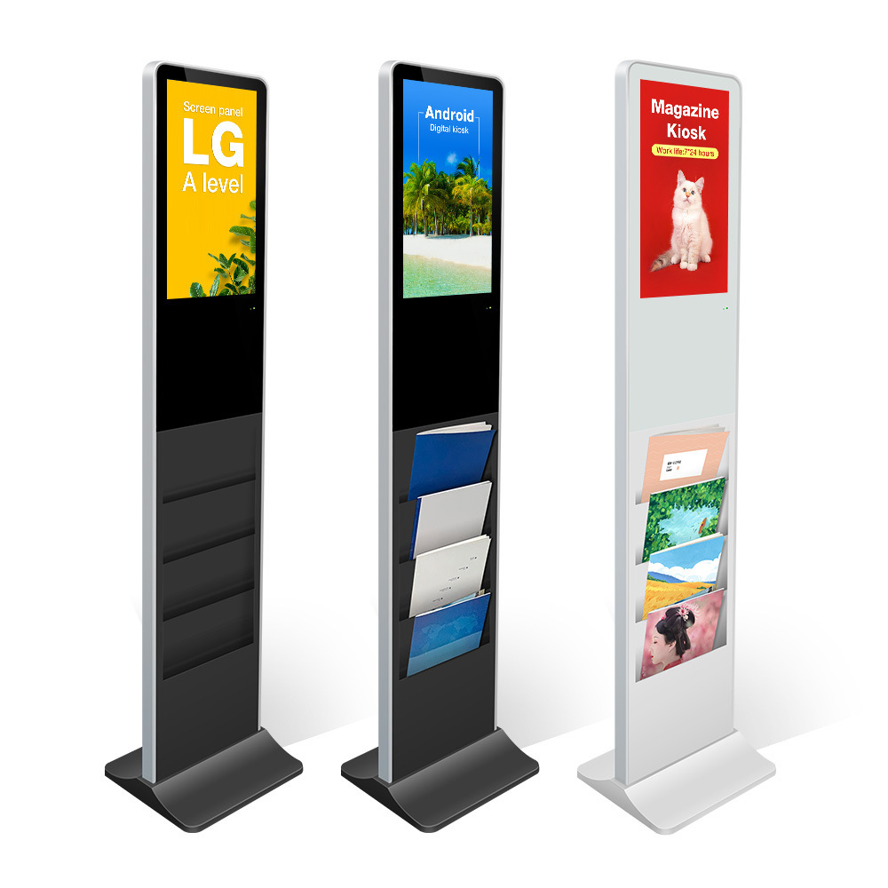 https://www.layson-display.com/21-5-inch-floorstanding-digital-signage-display-lcd-advertising-player-ad-player-with-newspapermagazine-holder-bookshelf-product/